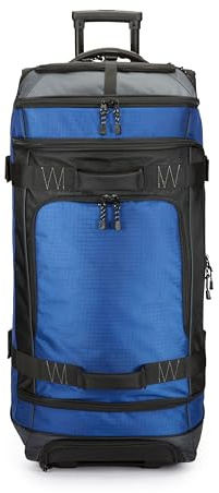 Amazon Basics 35-Inch Large Rolling Duffel Bag for Travel with Wheels and Handle, Durable Ripstop Polyester, 2 Layers of Space, Multiple Interior and Exterior Pockets, Blue