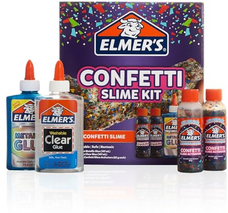 Elmer’s Confetti Slime Kit, Slime Supplies Include Metallic Glue, Clear Glue, Confetti Magical Liquid Activator, 4 Count - Perfect for Parties, Gift, Kids Activity Time