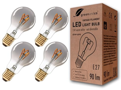 4x greenandco® LED vintage glödtråd glödlampa silvergrå ersätter 10W E27 A60 3W 90lm 1800K (extra varm vit) 360° 230V glaslampa, inte dimbar