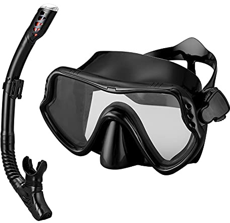SixYard Set di boccaglio asciutto per donne e uomini, maschera subacquea in vetro temperato anti-appannamento, occhiali nuoto panoramici, facile respirazione attrezzatura snorkeling per adulti (nero)