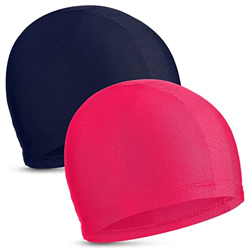 2 Piezas Gorros de Natación Elástica Gorros de Piscina de Tela Cómoda Gorros de Baño Ligero para Niños Mujer Hombre Mientras Nadar (Azul Marino, Rosa) Profundo