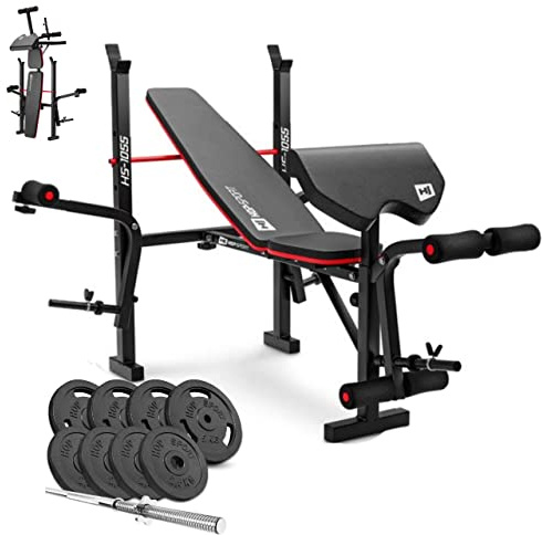 HOP-SPORT® Banc de Musculation Pliable HS-1055 avec Pupitre de Curl, Papillon, Presse à Jambes et Set d’haltères de 39 kg, Disques de Poids en Fonte alésage 31 mm et Barre Droite
