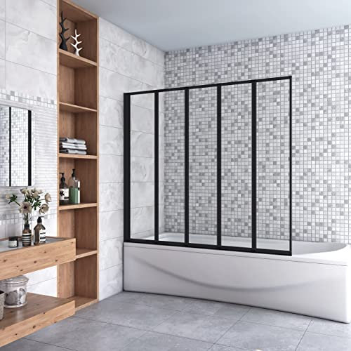 140 cm Sopravasca 5 Ante Pieghevoli a Libro Vetro 4 mm Temperato Trasparente Telaio Nero Opaco 120 cm