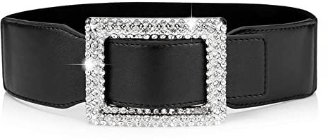 Weenkeey Breiter Elastischer Taillengürtel Vintage Breiter Hüftgürtel Mode Cinch Gürtel mit Strass Schnalle für Kleid Hemden Mantel - Schwarz