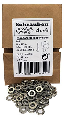 Standard Unterlegscheiben M6 Edelstahl 100Stk. - Plastikfreiverpackt Schrauben4Life - A2-70, DIN125 Edelstahl, Unterlegscheiben für Industrie, Garten und Haus (100, M6)