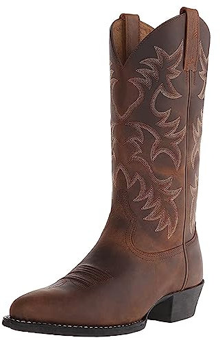 ANUFER Männer Stilvoll Gestickt Cowboy-Stiefel Western Absatz Spitze Zehe Slip-On Stiefel Mit Mittlerer Wade Braun SN071164 EU42