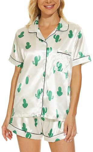 MyFav Conjunto de pijama de satén de seda para mujer, de manga corta, conjunto de pijama de dos piezas con botones, ropa de descanso S-2XL