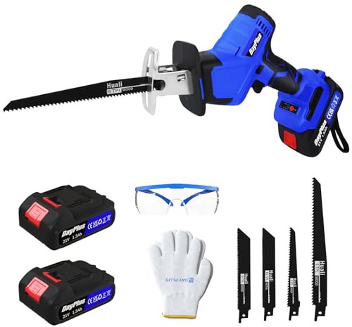 Säbelsäge, kabellos, 21 V, 900 W, Säbelsäge, einstellbare Geschwindigkeiten 0 – 2800 U/min, 2 × 1,5 Ah Batterien, 4 Sägeblätter, LED-Licht, Sägeblattwechsel ohne Werkzeug, zum Schneiden von Holz und