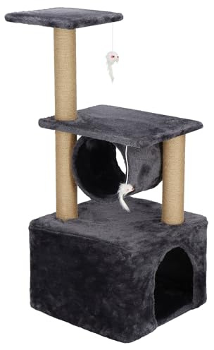 SPRINGOS Árbol rascador para gatos, 2 plataformas, caseta, ratones de juguete, 62 cm