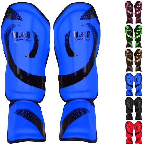 Kickboxing, Muay Thai Shin Guards & Foot Protectors for, MMA Karate, Taekwondo, BJJ – Elasticated Shin Instep Pads – Martial Arts Sparring Leg Guards for Adults & Kids