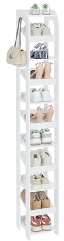 Hzuaneri Vertikales Schuhregal, 11 Ebenen Schmale Schuhregale, Holz-Schuh-Organizer für Schrank, Eingang, Schuhturm für Kleine Räume, Freistehend, Verstellbar, mit Haken, Weiß SR12403X