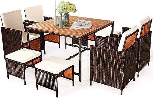 COSTWAY Set de Comedor Jardin con 9 Piezas, 1 Mesa de Comedor Madera Acacia, 4 Sillones de Mimbre y Otomanas, Cojines Removibles, Conjunto Mesa y Sillas Jardin Terraza Balcon (Blanco)