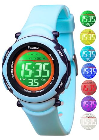 Facasu Orologio digitale bambini ragazze e ragazzi, impermeabile per bambini,luce colorata,per sport all'aria aperta,facile da leggere e regolare l'ora con allarme per bambini (Blu)