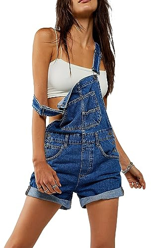 Salopette en jean pour femme avec bretelles réglables, short décontracté à revers roulé et jambes larges avec poche, a-bleu, L