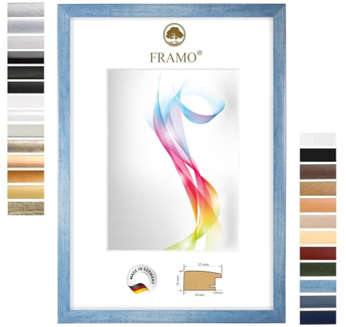 FRAMO Cornice portafoto in legno 22 x 30 cm (dimensione dell'immagine) in blu chiaro spazzolato | Dimensioni selezionabili | Cornice per poster | Puzzle | Foto collage | Su misura | Foto quadro su