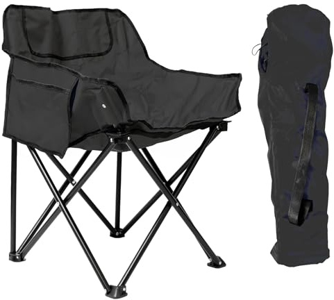 Harbour Housewares Folding Heavy Duty Camping Chair with Pockets & Carry Bag - 110kg Capacity - x1 Black Lightweight Outdoor Portable Foldable Chair for Fishing, Beach, Picnic, Camping