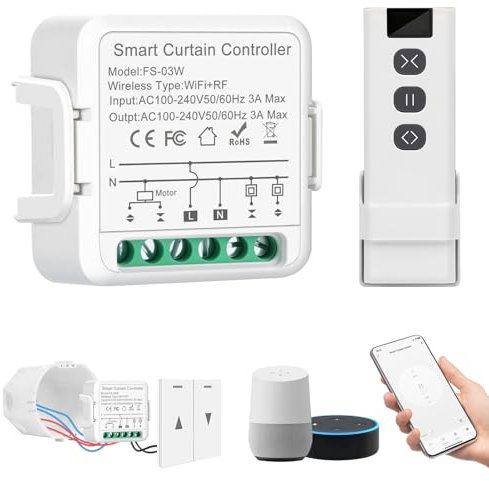 WiFi Roller Shutter Timer and Voice Control, Smart Roller Shutter Switch with RF Remote Control and Receiver, Wireless Switch Blind Switch Set, Electric Shutter Control for Blinds and Awnings