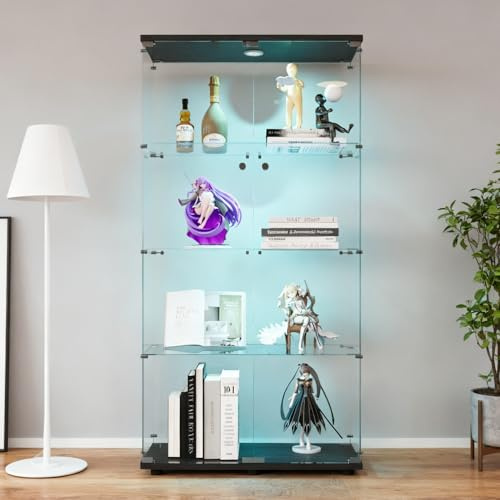 Solisburne Vitrine en verre trempé H 164 cm - Vitrine debout avec 12 LED colorées avec 2 portes en verre verrouillables et compartiments réglables - Vitrine de collection pour salon, chambre à coucher
