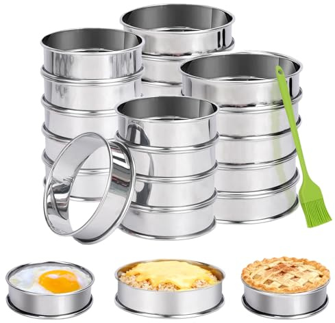 DIYJEP 20 Pcs English Muffin Rings, Stainless Steel Crumpet Rings with Pastry Brush, Double Rolled Nonstick Cake Ring Pancake Mould Egg Ring for Kitchen Baking Cookie Desserts Pancake (8 cm + 10cm)
