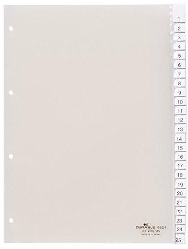 Durable 682419 Intercalaires Format A4 25 Touches - Onglets Soudés Et Planches d'Insertions 1-25/A-Z - Page de Garde - Perforations 4 Trous - Pvc Rigide Transparent