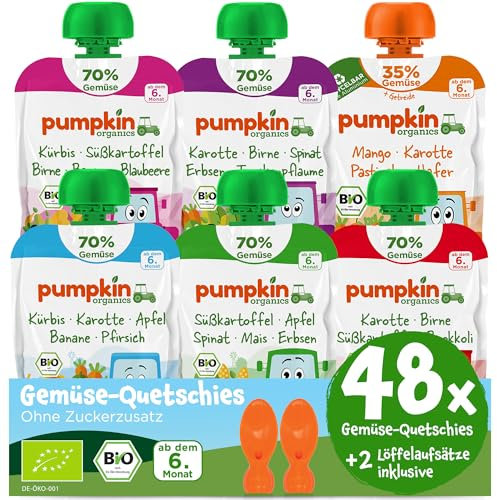 Pumpkin Organics 48er Pack ERSTE LIEBE Bio Gemüse-Quetschies mit 2 Löffelaufsätzen - Quetschie ohne Zuckerzusatz¹ - Beikost unterwegs - für Babys ab dem 6. Monat - Bestseller (48x100g)