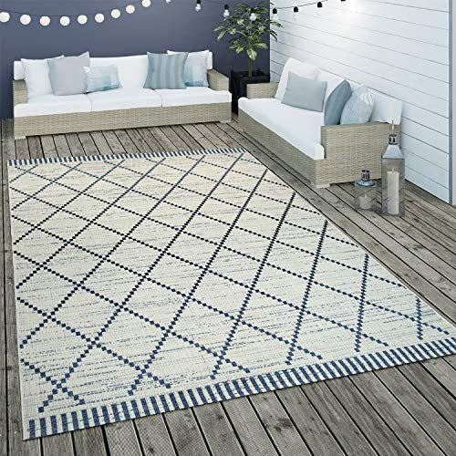 Paco Home Alfombra De Tejido Plano Interior Y Exterior Motivo Geométrico Rayas Rombos Blanco, tamaño:160x230 cm