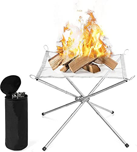22“ Large Portable Outdoor Camping Fire Pit Outdoor Fireplace with Carrying Bag Foldable Stainless Steel Mesh and Folding Stands for Camping Backyard Garden (22 * 22 inch whole set, Silver)