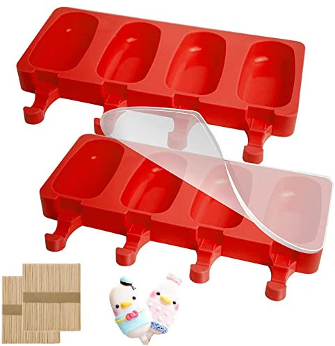 2 Pack Ice Lolly Moulds, Cakesicle Moulds, Cake Pop Mould, Popsicle Mould, Homemade Oval Popsicle Maker with 2 Lids & 100 Wooden Sticks for DIY Ice Cream (Red)