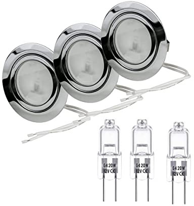 Kit 3 Faretti con lampada alogena da incasso per mobili, cucine, bagno, cromato lucido, dimmerabili, con 3 lampadine bispina 12 V 14 Watt resa da 20W, G4 cavo di collegamento 15 cm