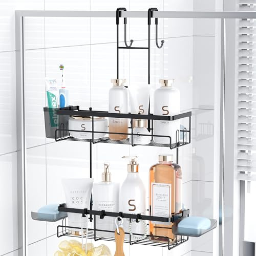 FINIBO Duschablage Zum Hängen Schwarz, Duschregal Ohne Bohren für Duschtüren, Duschregal zum Hängen mit 2 Duschablagen, 2 Seifenhalter, 1 Zahnbürstenhalter und 4 abnehmbare Haken