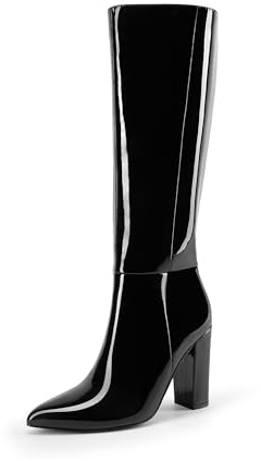 DREAM PAIRS Women's Knee-High Boots, Comfortable Chunky Block Heel Pointed Toe Pull On Side Zipper Suede Slouch Riding Boots SDKB2406W,Size 5.5,Black-Pat,SDKB2406W