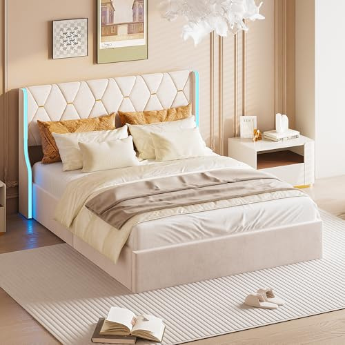 Cama doble tapizada de 140 x 200 cm, cama doble LED con espacio de almacenamiento, cama tapizada con cabecero y somier, cama funcional juvenil, sin colchón