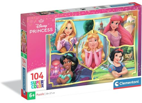 Clementoni - Puzzle per Bambini 104 Pezzi Supercolor, per Bambini 6+ Anni, Illustrazione Disney Princess, Idea Regalo, Made in Italy, 37,9x26,9 cm, 25057
