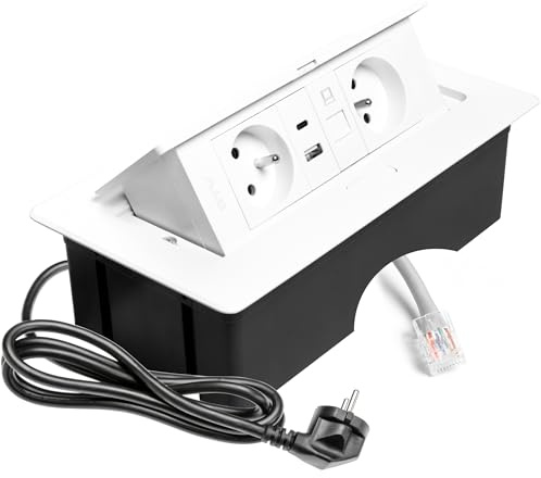 GTV – Inbyggt uttag MULTISOFT vit med 2 x uttag med jordning, USB A+C, RJ45, infällbar med lock, 1,5 m kabel, för kök, kontor, konferens- och arbetsbord