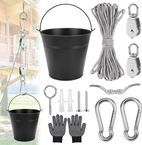 Spielturm Zubehör Spielhaus Zubehör Baumhaus Flaschenzug Kinder mit Eimerkabel Riemenscheibe mit Metalleimer Gartenspielzeug für Kinder ab 3 Jahren