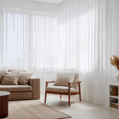 PONY DANCE Cortinas 4 Metros con Ganchos para Rieles, Cortinas Blancas y Visillos Translucidas para Salon/Dormitorio 1 Panel,450x245cm,Blanco