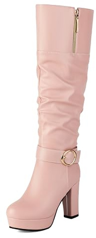 Lroey Reoly Femme Talon Bloc Hauts Botte Haute Jusqu'Au Genou avec Plateforme Bout Rond Slouch Cx890 Rose Taille 33 EU