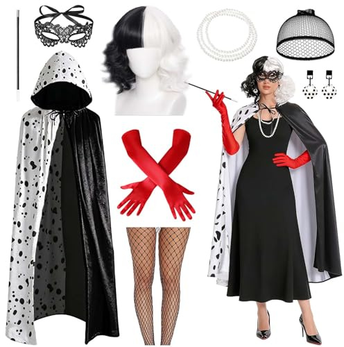 Ligtmor Cruella Deguisement Femme Cruella Costume Robe À Pois Sorcière Noir avec Perruque, Gants, Collier de Perles et Bâton Décoratif pour Halloween, Carnaval, Cosplay