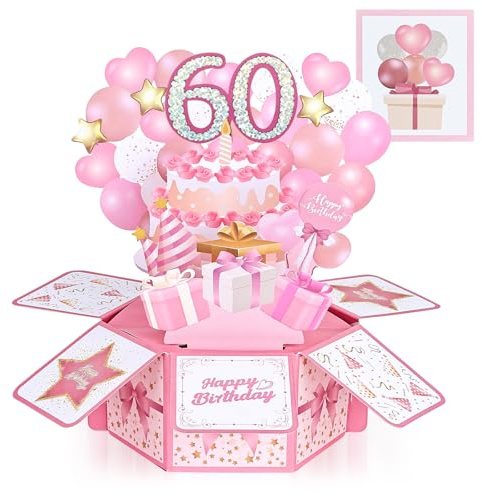 Joyoldelf 60:e födelsedagskort för kvinnor, mamma – 3D-pop-up-födelsedagskort med klisterlappar och kuvert, unikt rosa grattis på födelsedagen gratulationskort för henne, 60:e present till mamma, fru