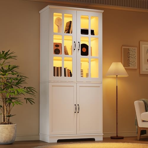 boorbin Armario alto con 2 rejillas de cristal y 2 puertas completas, 80 x 38 x 180 cm, estantería con 5 niveles, tablero de partículas, armario de vitrina estilo rústico para salón y cocina (blanco-1