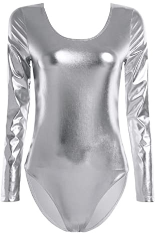 TiaoBug Glänsande balettdräkt för kvinnor, långärmad baletttröja, dans, kropp, metallisk gymnastikdräkt, gymnastikvägg dancewear, silver, M