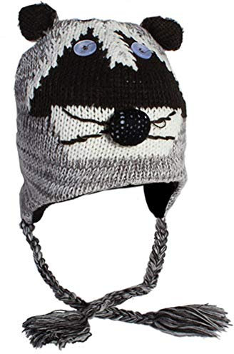 CHICNET Unisex Kinder Tiergesicht Winter Mütze Norwegermütze Nepalmütze Strick Tiermützen Bommeln Tiermütze Affe Maus Hund Waschbär grau rot schwarz weiß Mädchen Jungen (Waschbär)