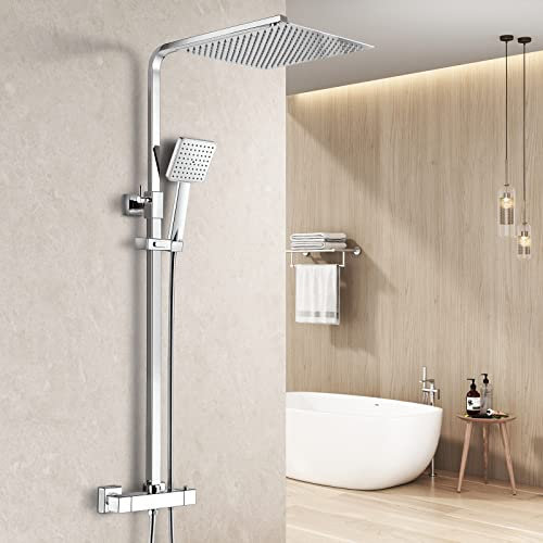Heilmetz Duschsystem mit Thermostat Regendusche Duschset, 304 Edelstahl Duschsäule mit Kopfbrause und Handbrause, Eckig 30x30cm Regenbrause Verstellbarer Duschstange 800-1180mm Chrom