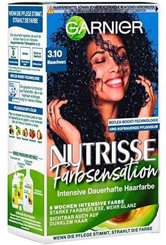 Garnier Nutrisse Pflegende Intensivtönung mit nährenden Fruchtölen, Coloration mit 8 Wochen Halt, Farbsensation Haarfarbe, 3.10 Blauschwarz