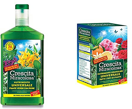 Crescita Miracolosa Piante Verdi E da Fiore Nutrimento Universale Cerde 750 ml, Verde, 11.0x4.50x26.0 cm & Concime Universale granulare 450 gr Nutrimento, Verde, 11.5x6.5x19.5 cm