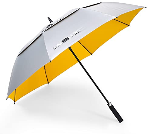 Doubwell UV protection golf umbrella 62/68 Inch UPF 50+ large umbrella automatic open windproof sturdy construction shade for blocking sun and rain (62 inch, Silver/Yellow)