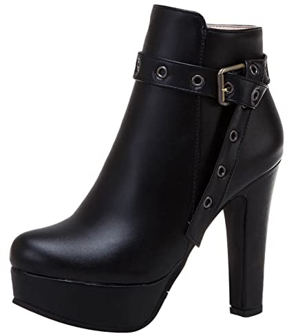 Lroey Reoly Stivaletti da Donna con Tacco a Blocco, Stivaletti da Festa Tacco Alto Punta Rotonda Polacchine Zip Plateau 162 Nero Numero 47 EU