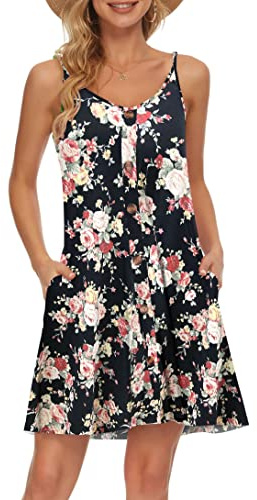 AUSELILY Vestido de Playa Informal con Cuello en V y Correa de Espagueti de Verano para Mujer con Bolsillos