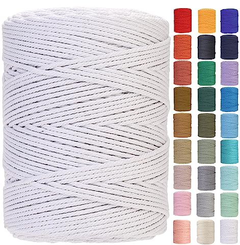 GOHOF Cuerda de macramé de 4 mm x 310 m, cuerda de algodón suave trenzado de 4 hebras, uno de los materiales más perfectos para arte de macramé, cuerda de algodón sin productos químicos (blanco), 4 mm