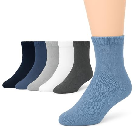 6 Pares de calcetines para niño - niña - bebé de suave algodón y traspirables. Medias unicolores cortas – deportes - elástico y resistente, Variedad de tallas (Algodón, azul-blanco-gris / 28-32)